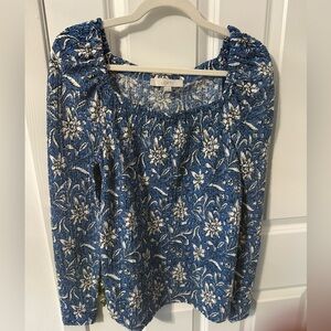Women's Blue Floral Square Neck Long Puff Sleeve Smocked Top